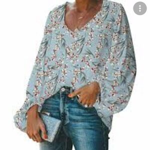 Belongsci tiny floral print blouse V neck balloon sleeve soft green tunic top